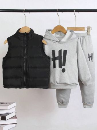 مجموعة من 3 قطع من سترة رياضية دافئة للأولاد الصغار من SHEIN، سترة بأكمام طويلة وبنطلون، مناسبة للمدرسة والرياضة والأنشطة الخارجية في الخريف/الشتاء