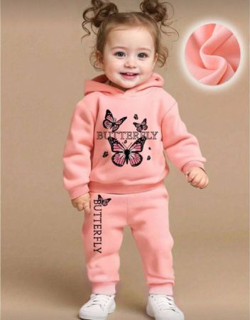 طقم بنطلون وبلوفر بغطاء رأس مبطن بالثيرمال مزخرف بحرف وفراشات للأطفال البنات ، شتاء/خريف 2 قطعة