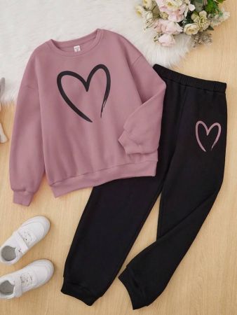 SHEIN طقم سترة فضفاضة ذات لون سادة للفتيات من Tween بنمط قلب وسروال واسع الساق بلون سادة