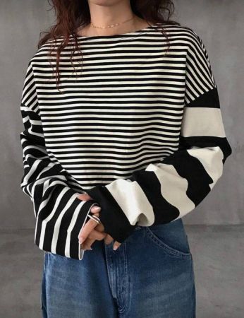 FRIFUL قميص كاجوال بياقة مستديرة وأكمام طويلة مخطط، ملابس الخريف