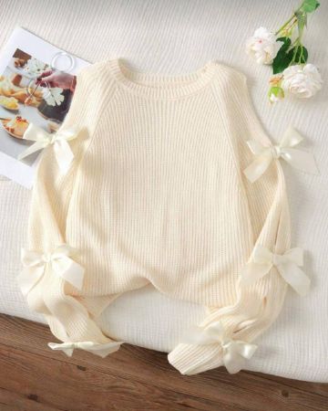 SHEIN كنزة صوفية صوفية بياقة مستديرة وفيونكة للمراهقات، لون أحادي، متعددة الاستخدامات، للعودة إلى المدرسة