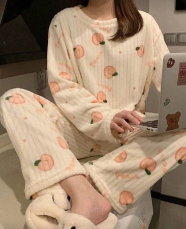 مجموعة بيجامة من الفليس المرجاني 2 قطعة، بنطلون نوم دافئ، مجموعة بدلة منزلية مطبوعة بالفواكه الطازجة، مجموعة قطعتين، ملابس خريف وشتاء