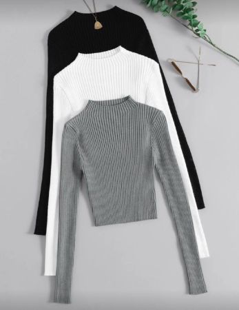 Chiquease 3 قطع من البوزات  محبوكة مزيّنة بخطوط مجعدة، ملابس علوية بأكمام طويلة