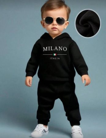 ثوب 2 قطعة/مجموعة للأطفال الصبيان، قميص رياضي هود بطباعة حرف العلم الإيطالي الطريفة وبنطلون من الفليس، خريف/شتاء