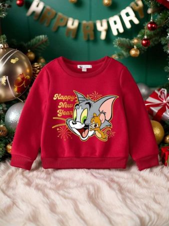 سويت شيرت توم وجيري X شين مطبوع عليه قطة للرضع باللون الأحمر بمناسبة رأس السنة الجديدة 2025