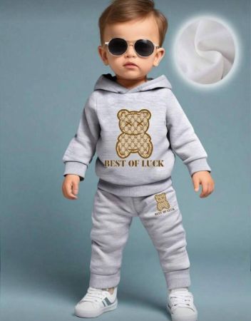 مجموعة ملابس طفل تضم قميص برأس دببة جذاب وبنطال من البطانية، اطقم ملابس كاجوال للخريف/الشتاء