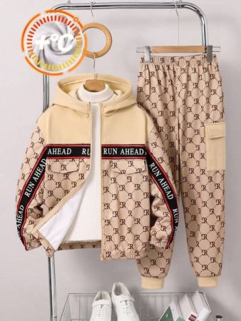 طقم من قطعتين من SHEIN للأولاد الصغار، سويت شيرت بقلنسوة وبنطال رياضي بحافة مضلعة، مناسب للتنقل والمدرسة والعطلات والرياضة والربيع/الصيف/الخريف/الشتاء