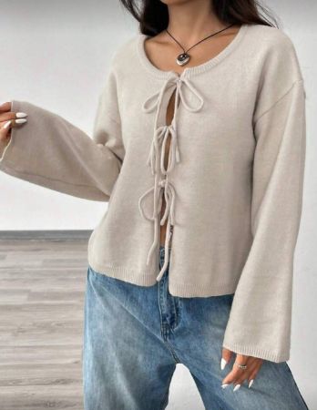 SHEIN EZwear كارديجان بأكمام طويلة وعقدة لون واحد للسيدات، مناسب للتنقل والحد الأدنى والارتداء في المكتب، بلون الأموال القديمة، بسيط، كارديجان بأربطة أمامية من الأصواف ذات لون واحد، يمكن ارتداؤه فوق التي شيرت، ملابس علوية بأكمام طويلة، ملابس علوية مناسبة للمدرسة في الخريف/الشتاء