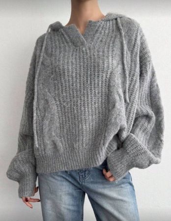 Dazy-Less كنزة صوفية كاجوال كبيرة الحجم بغطاء رأس مزخرفة بالكابل المحبوك، ملابس نسائية للخريف/الشتاء