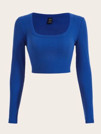 تي شيرت قصير ضيق بأكمام طويلة ورقبة مربعة من SHEIN EZwear لفصل الخريف والشتاء باللون الأزرق الملكي