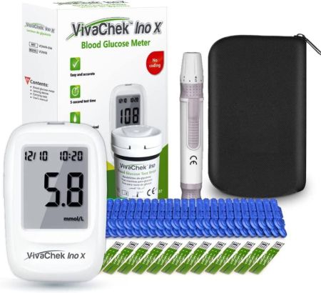 طقم اختبار مرض السكري Vivachek، جهاز اختبار سكر الدم مع تحذير الكيتون وانخفاض السكر، ذاكرة 900، جهاز مراقبة نسبة السكر في الدم مع شرائط اختبار × 50 ومشرط × 50 - مليمول/لتر