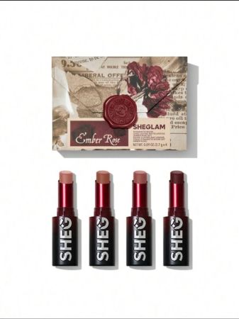 أحمر شفاه غير لامع طويل الأمد من SHEGLAM Dynamatte Boom (مجموعة Ember Rose) 4 قطع/مجموعة هدية عيد الحب مجموعة أحمر شفاه وردي أحمر نود خفيف الوزن غير قابل للتحويل مجموعة مكياج شفاه غير لامع كريمي ديكور عيد الحب هدية حب مكياج شتاء عام 2000