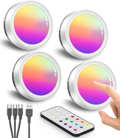مصابيح Puck قابلة لإعادة الشحن RGB مع جهاز تحكم عن بعد، تعمل بالبطارية بقوة 1600 مللي أمبير في الساعة، مصابيح LED تحت الخزانة، ضوء مغناطيسي USB للفصول الدراسية، ضوء دفع ملون للخزانة، ضوء يعمل باللمس