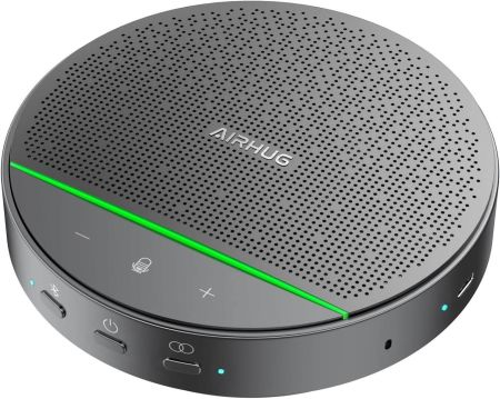 مكبر صوت AIRHUG Bluetooth، مكبر صوت للمؤتمرات وميكروفون، 4 ميكروفونات لالتقاط الصوت بزاوية 360 درجة، وإلغاء الضوضاء، وتوصيل وتشغيل USB-C، وتوصيل مكبرين صوتيين عبر البلوتوث لـ 8 مشاركين