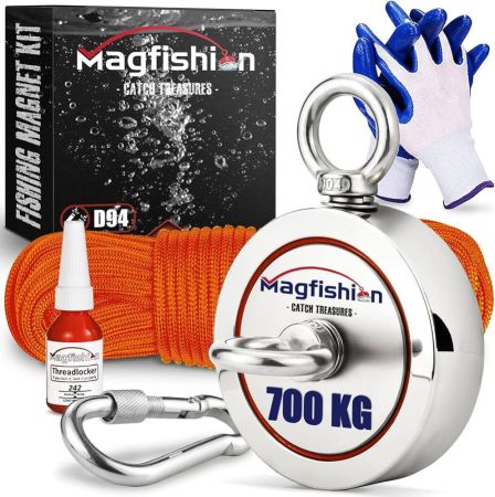 MAGFISHION مغناطيس قوي - مجموعة مغناطيس الصيد - قوة سحب 700 كجم (2 × 350 كجم) - Ø94 مم - مغناطيس نيوديميوم - مغناطيس قوي مع حبل (20 مترًا) وقفازات - صيد المغناطيس