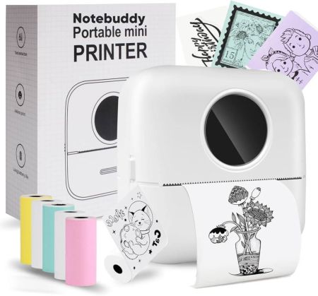 طابعة Notebuddy Mini المحمولة، طابعة حرارية ذكية بدون حبر تعمل بالبلوتوث مع 5 لفات ورقية للمجلات/دفاتر القصاصات/السفر/الملاحظات/القوائم/الملصقات/المذكرات، طابعة إيصالات لنظامي التشغيل iOS وAndroid