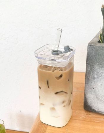 كوب ماء زجاجي مربع على الطراز الكوري مكون من قطعة واحدة مع غطاء، بسيط وجميل، كوب قهوة شفاف مقاوم للحرارة، للاستخدام المنزلي