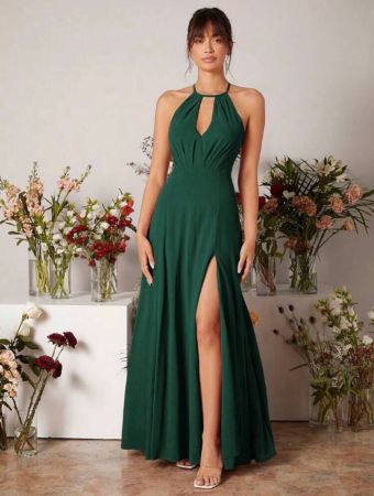 فستان وصيفة العروس من SHEIN Belle Keyhole Neckline Split Footage، فستان زفاف أنيق